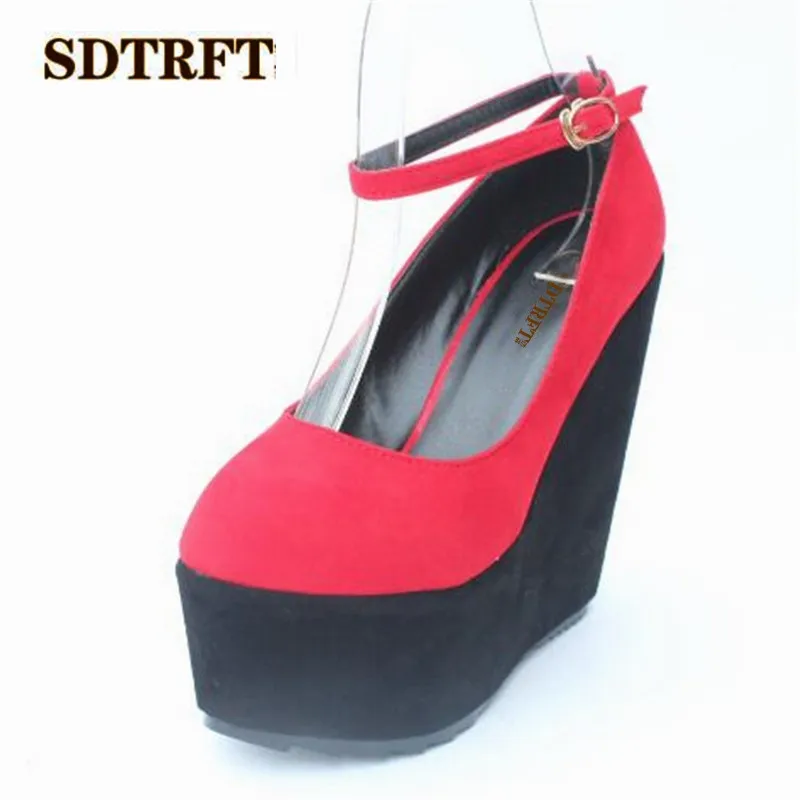 

SDTRFT Crossdresser Spring/Autumn Stiletto 15cm wedges Nightclub pumps platforms Ankle strap Flock shoes woman zapatos mujer