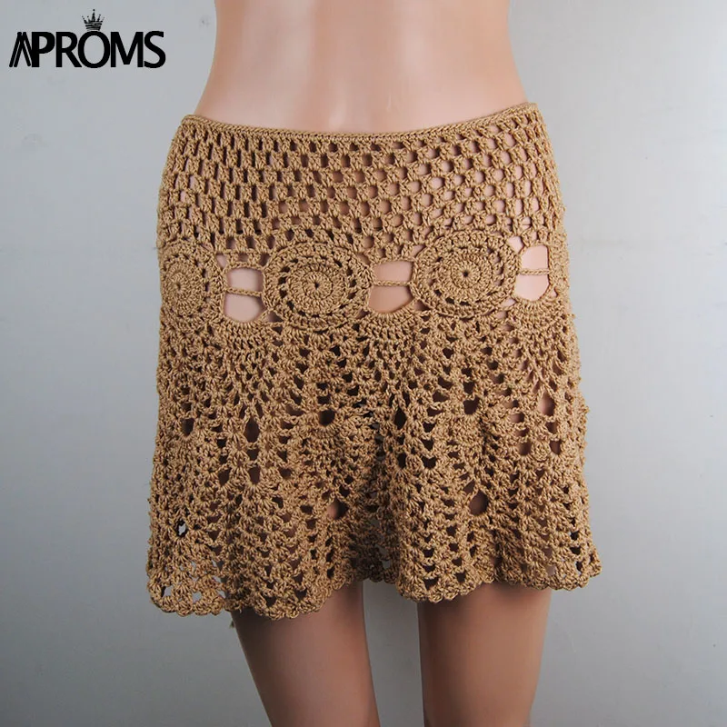 Cena Aproms cukierki kolor Handmade dzianiny bawełniane szydełka krótka spódniczka kobiety lato drążą wysokiej talii spódnica na plażę białe dna 2019