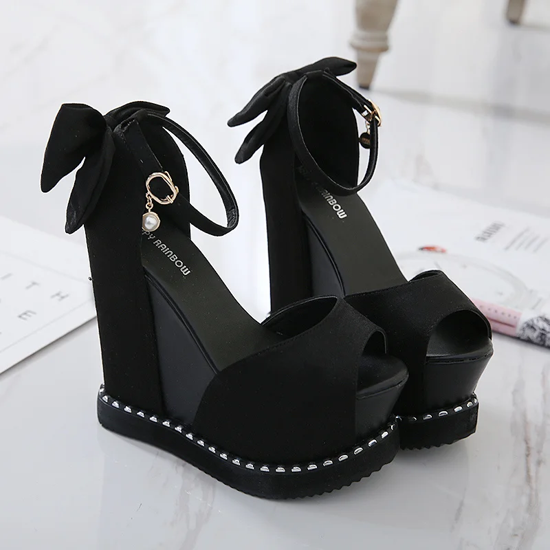 Womens Vogue Peep Toe Bow Tie Ankle Strap Platform Wedge Heel Sandals Shoes 
