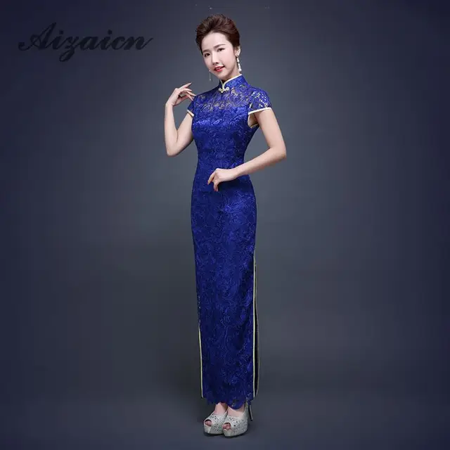 Royal Blue Lace Modern Cheongsam Dress Long Qipao Dresses Chinese Traditional Dress Vestido Robe