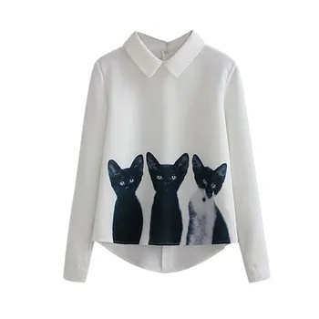 

Summer Women Blouses 3 Cats Blending Blouse Long Sleeve Turn Down Collar Tops Loose Casual Shirt New
