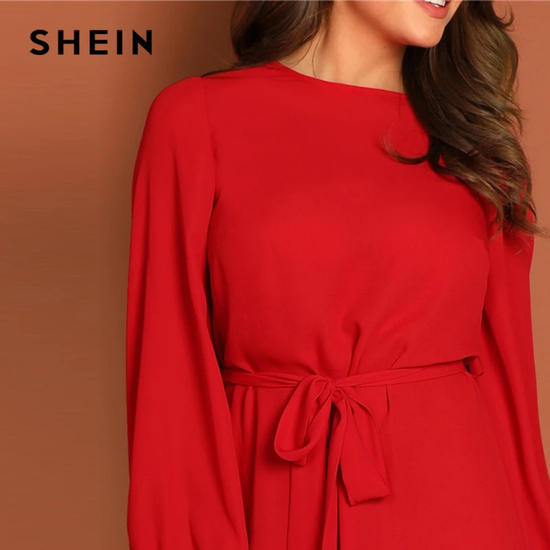 SHEIN Однотонное Платье С Поясом Женское Платье Повседневные Осенние Платья