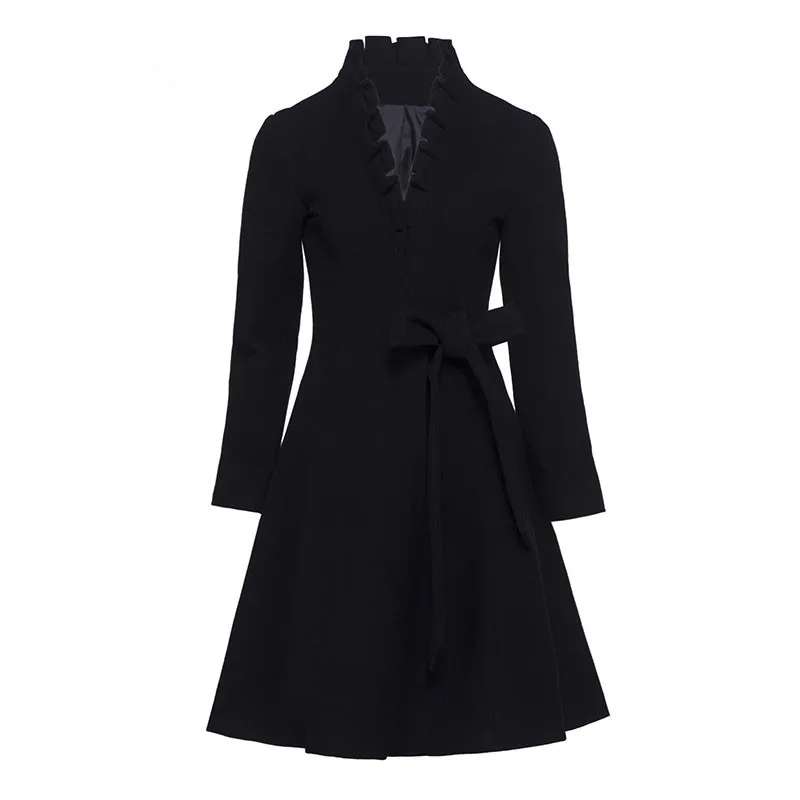 V Neck Office Lady Coat Fashion Winter Autumn Single Breasted Belt Elegant Long Overcoat Pleated Bow Women Coats V Neck Office Lady Coat Fashion Winter Autumn Single Breasted Belt Elegant Long Overcoat Pleated Bow Women Coats