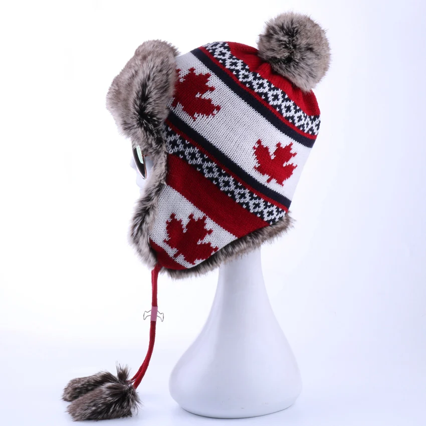 Women Faux Fox Fur Pompom Russian Ushanka Wool Knitted Earflap Bomber Trapper Hat Winter Snow Ski Cap Maple Leaf Pilot Trooper - Цвет: Wine red