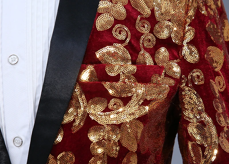 SHENRUN Мужская модная шаль с отворотом темно-красные вельветовые золотые цветы блёстки Блейзер плюс размер 5XL сценическая одежда для певцов