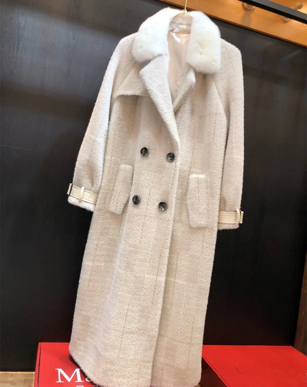 Autumn Winter Woolen Overcoat Real Mink Fur Collar Wool Cashmere...