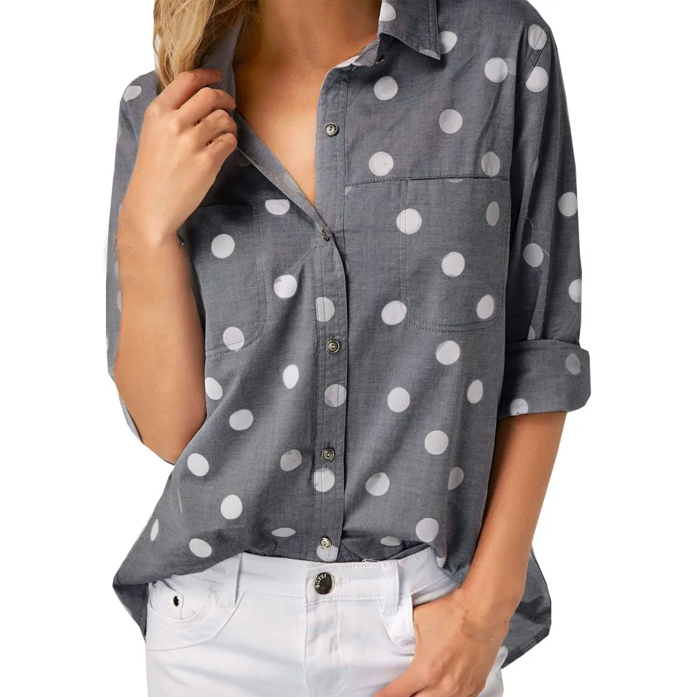 

New Women Blouses Work Office Dot Print Gray Casual Long Sleeve Blouse Top super quality Vetement Femme Blusas Mujer