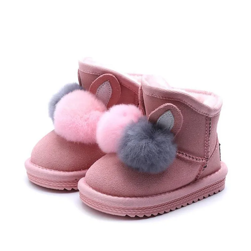 

Girls Boots Winter Princess Shoes Baby Snow Boots High Quality Leather Felt Boots Rabbit Hair Balls Design Warm Fur Kids Shoes