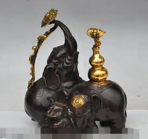 

S2664 china fengshui bronze gilt wealth ruyi yuanbao Gourd elephant lucky rich statue