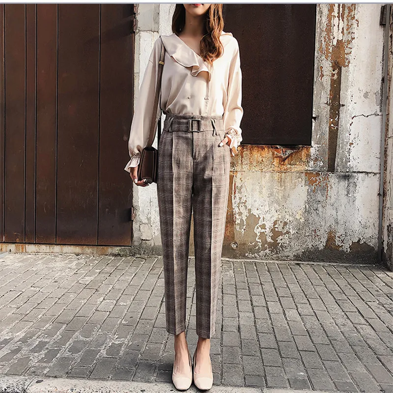JUJULAND Для женщин брюки Проверено штаны шаровары в офисном стиле High waist ankle длина