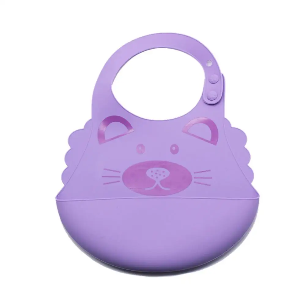 Baby Cute Cartoon Printing Waterproof Silicone Bib Rice Pocket - Color: purple