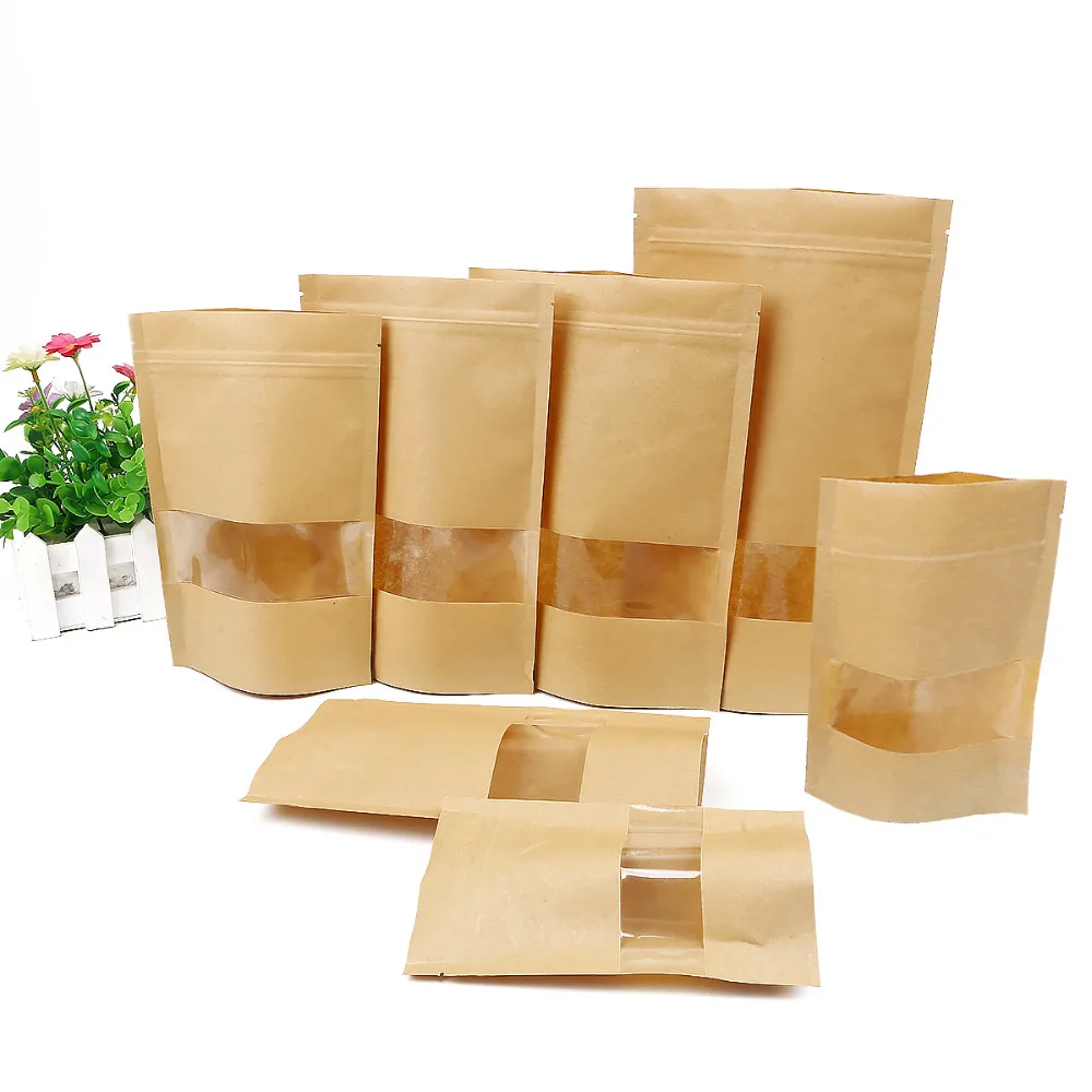 

10Pcs Kraft Paper Food Bag with Zip Lock Reusable Sealing Bag Gift Pouch with Clear Window for Storing Cookie Dried Food Snack