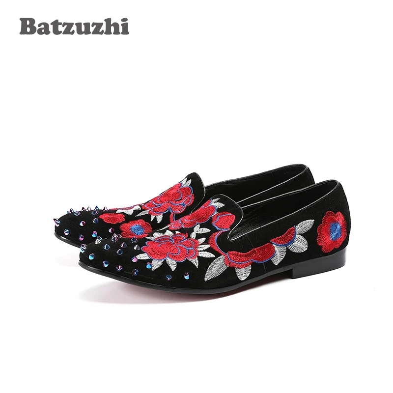 Planos Nuevos Suede Bordado En Y Us12 Hombres De Llegada Casual Negro Lujo Holgazanes Flores Zapatos Remaches La Punta Con T14TH