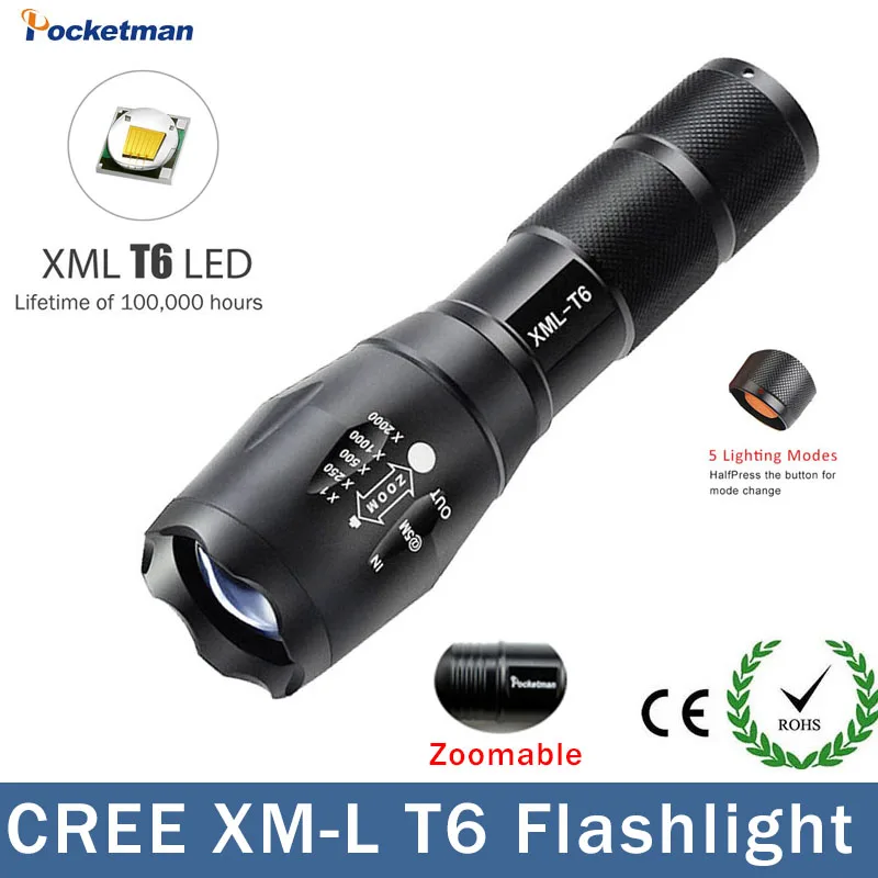 

Big Promotion Ultra Bright XM-L T6 LED Flashlight 5 Modes 4000 Lumens Zoomable LED Torch for AAA or 18650