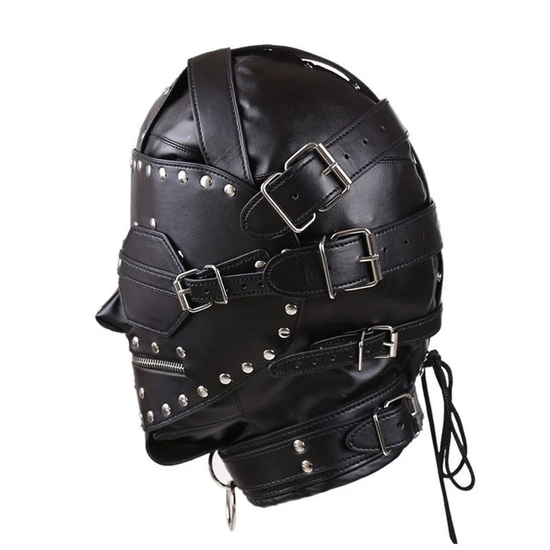 

PU Leather BDSM Bondage Mask Full Head Harness Fetish with Blindfold and Zipper Locking Sex Slave Head Hood Sex Toys For Couples