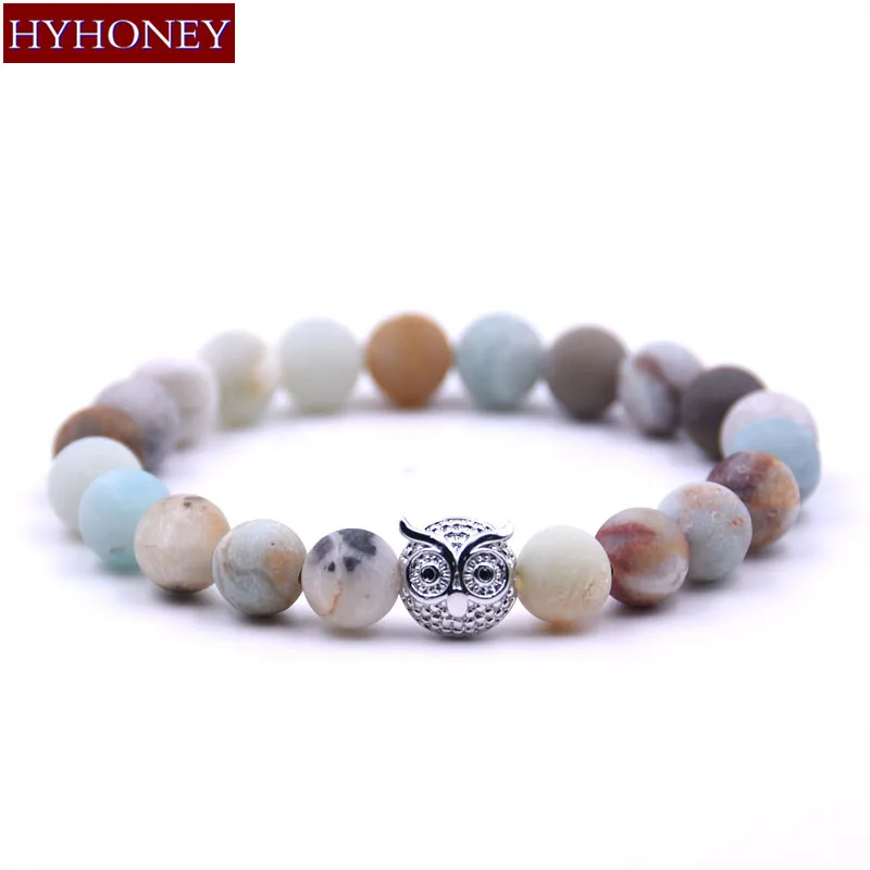 Браслет для женщин HYHONEY Micro Pave CZ Owl матовый Амазонит природный камень 8 мм браслет