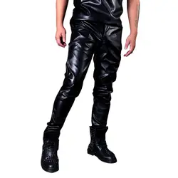 Мужские повседневные кожаные мотоциклетные брюки на заказ Мужская мода певица танцор хип-хоп Рок Стиль Slim Fit PU кожаные брюки