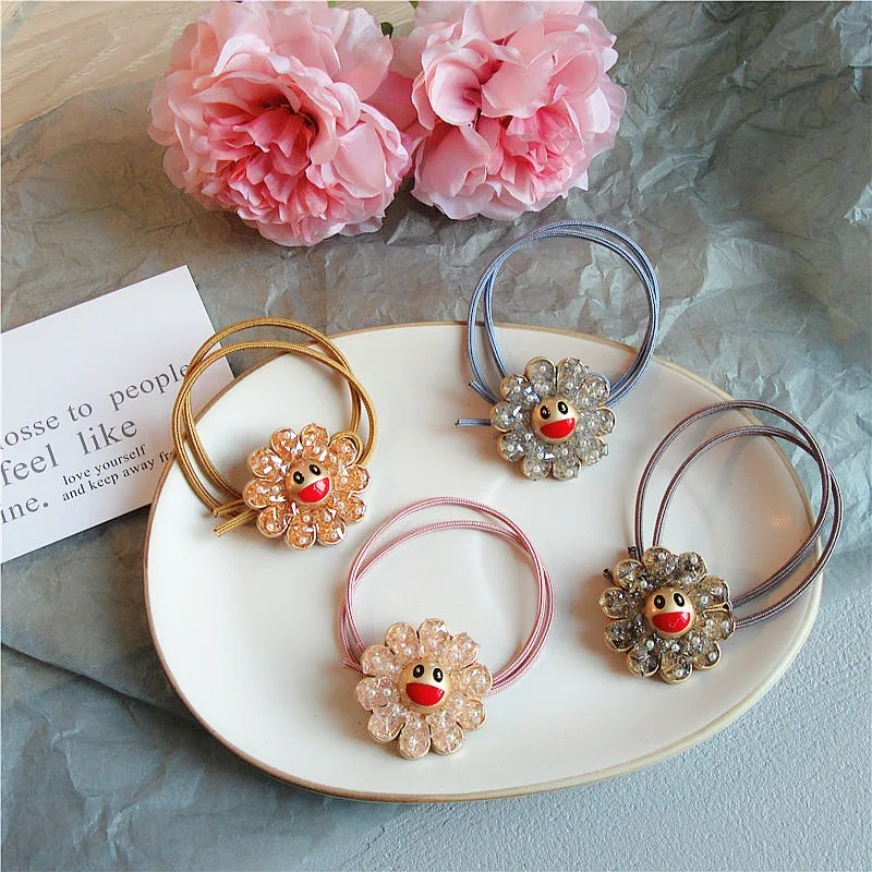 New Korea Simple Sweet Girl Lovely Sun Flower Smiley Face  Hair Rope Fashion Women Crystal Imitation Pearl Hair Accessories