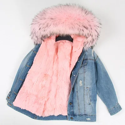 Зимняя куртка для женщин натуральный мех пальто парка енота воротник кролика рекс лайнер бомбер джинсовая Уличная мода - Цвет: color 13