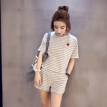 

Women Casual Two Piece Set Summer Striped Short Sleeves T Shirt Tops+Shorts Women Korean Sportwear Suit Female Tracksuits