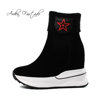 

Arden Furtado 2018 autumn winter ankle boots wedges heels high heels 10cm platform round toe casual women's shoes small size 32