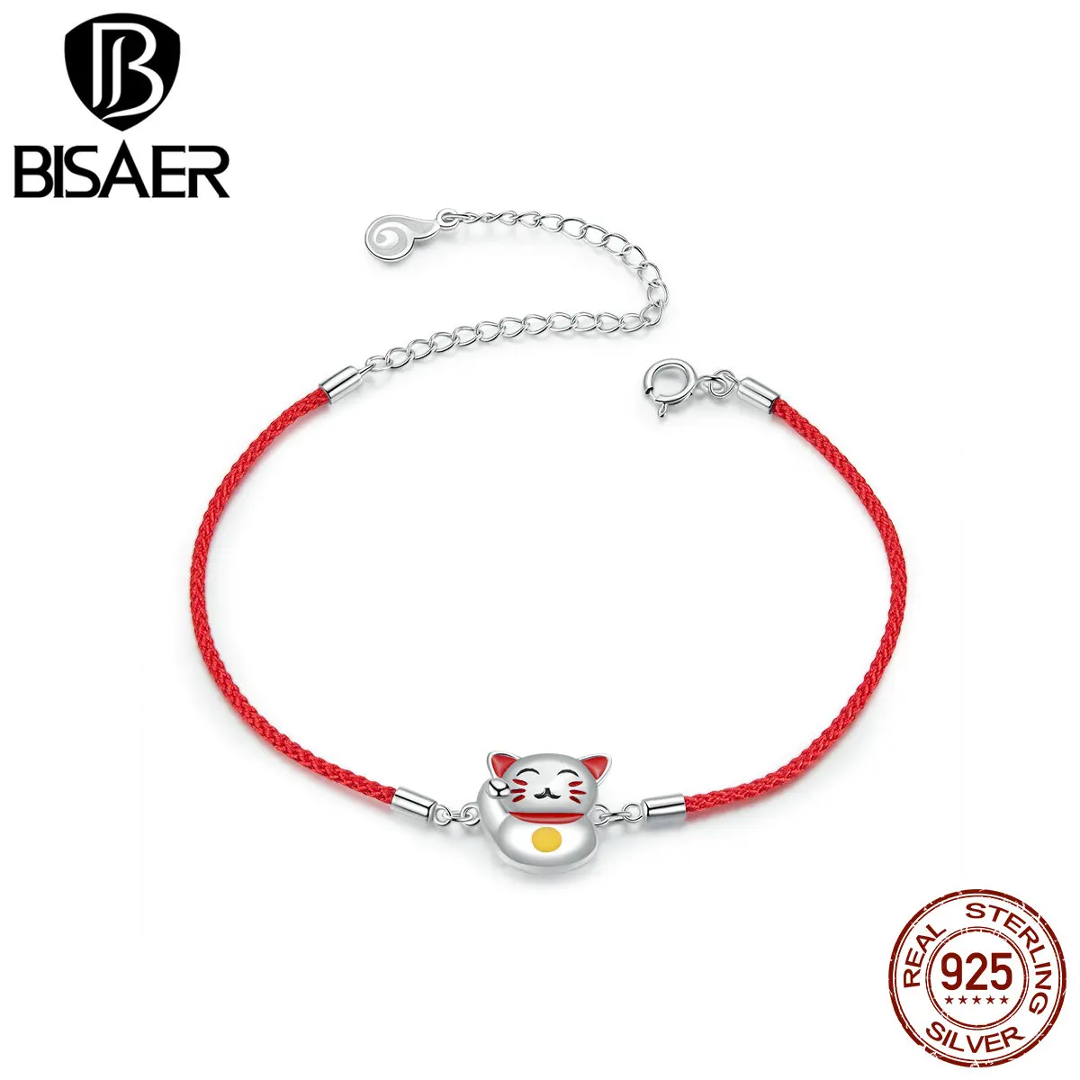 BISAER модный браслет с красной нитью и веревкой, серебро 925, счастливые бусины кошка, браслеты для женщин, ювелирные изделия на удачу, подарок на день рождения BSB012