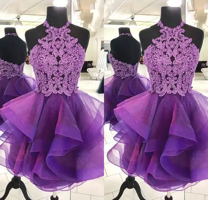 

Best Selling A Line Halter Mini Short Purple Homecoming Cocktail Dresses Crystal Sequin Sexy Short Prom Gowns