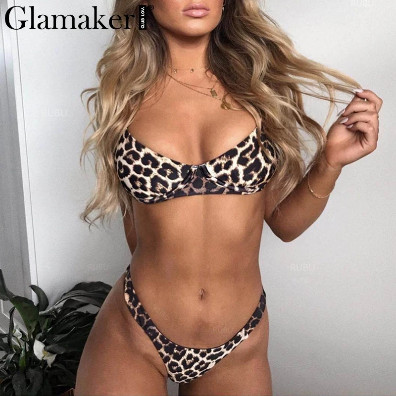 Glamaker Leopard sexy string push up bodysuit Women two-piece suits short playsuit rompers Female summer beach bodysuit overalls