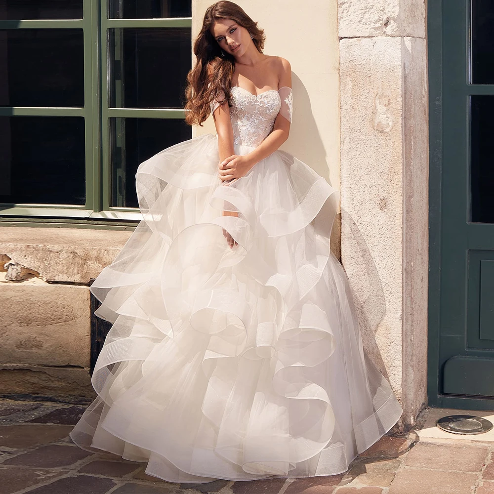 

Exquisite Off-shoulder Princess Wedding Dress with Appliques Cascading Ruffles Puffy Tulle Bridal Gown 2019 Vestidos de Novia