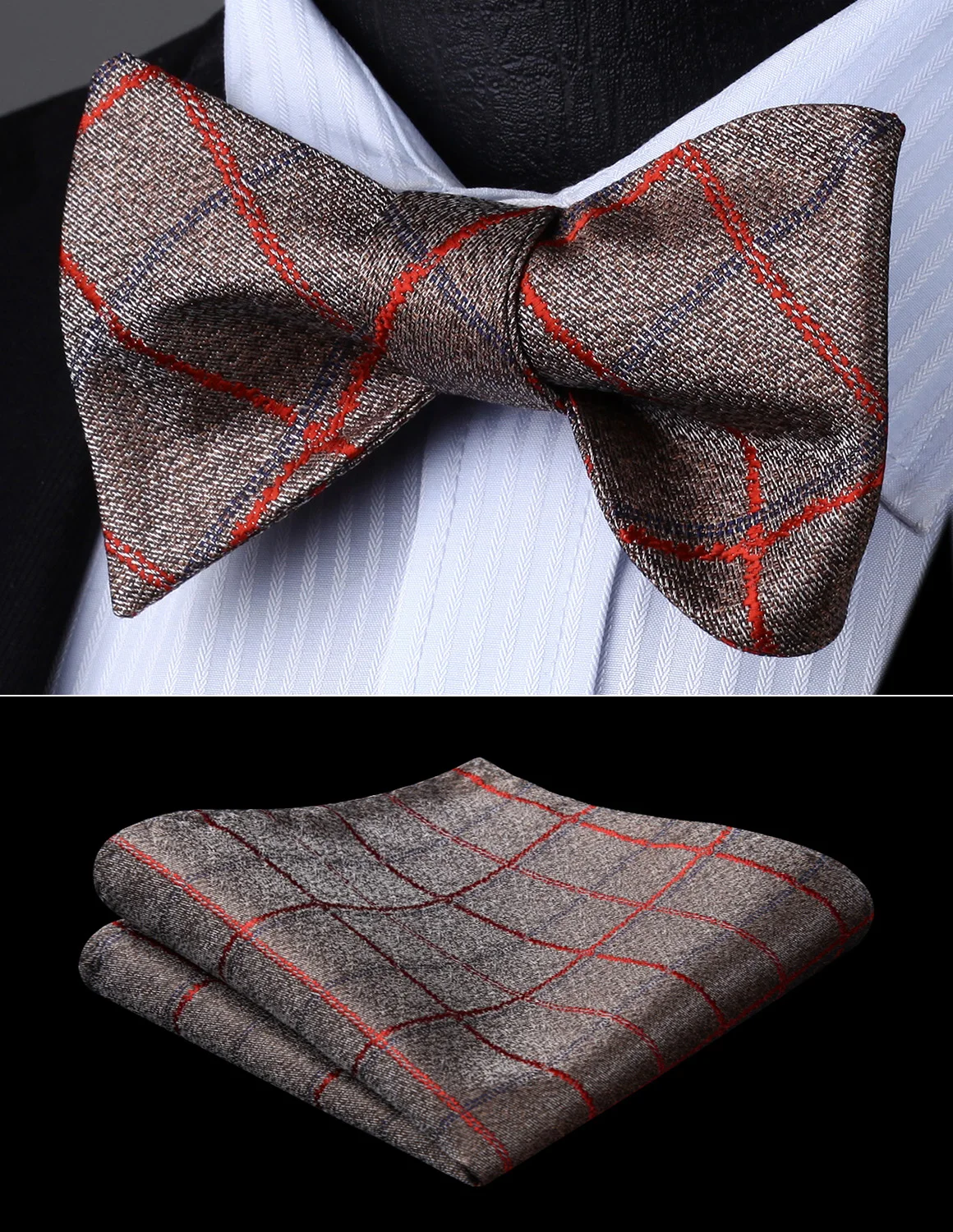 

Men Woven Party Wedding Brown Red Plaid & Chcek Self Bow Tie Pocket Square Set#BC924ZS Bow Tie handkerchief set