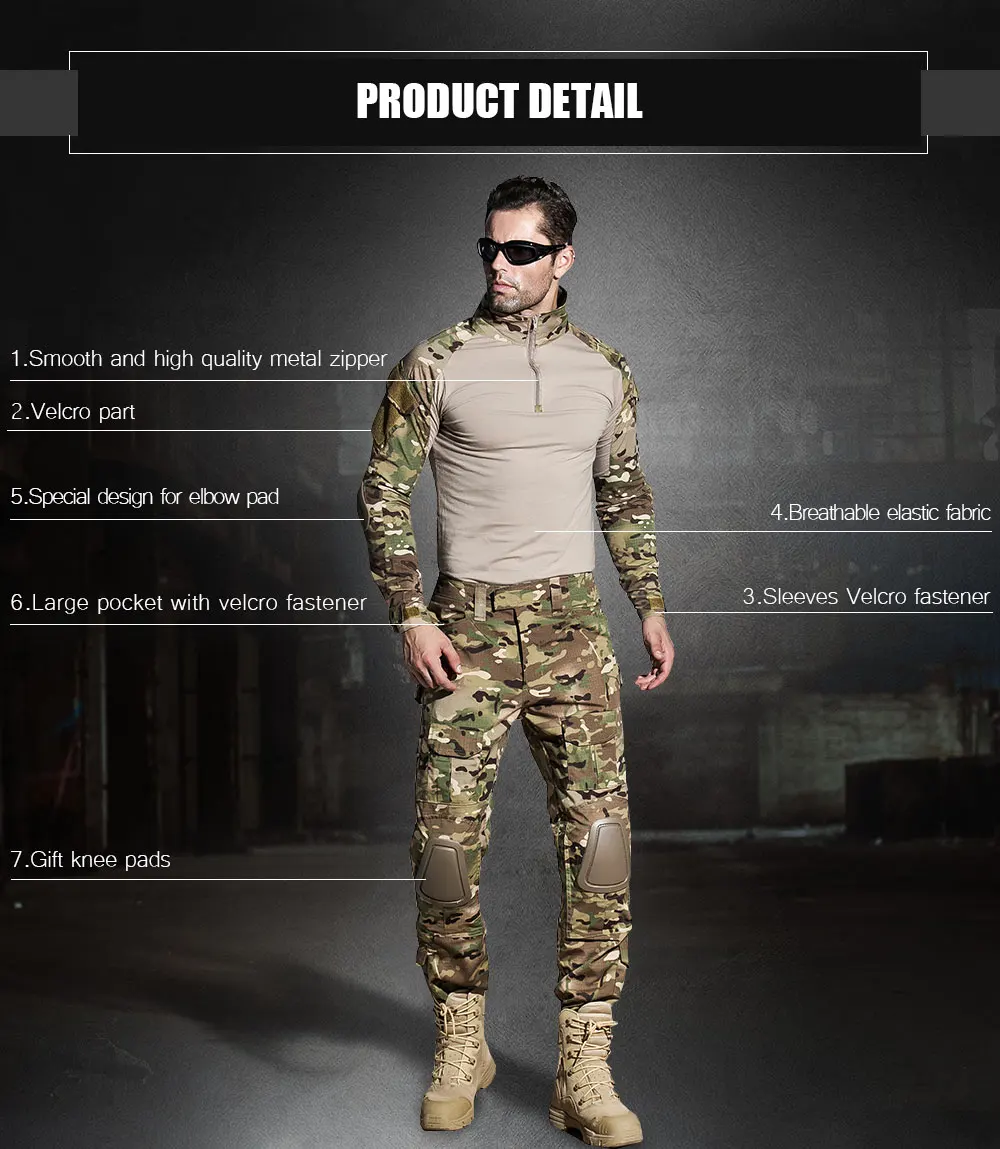 SINAIRSOFT Military Uniform Multicam Army Combat Shirt Uniform Tactical Pants With Knee Pads Camouflage Suit Hunting Clothes 11