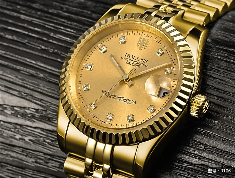 HOLUNS часы для мужчин сапфировое стекло золотые часы для мужчин автоматические механические нержавеющая сталь Дата наручные часы relogio masculino