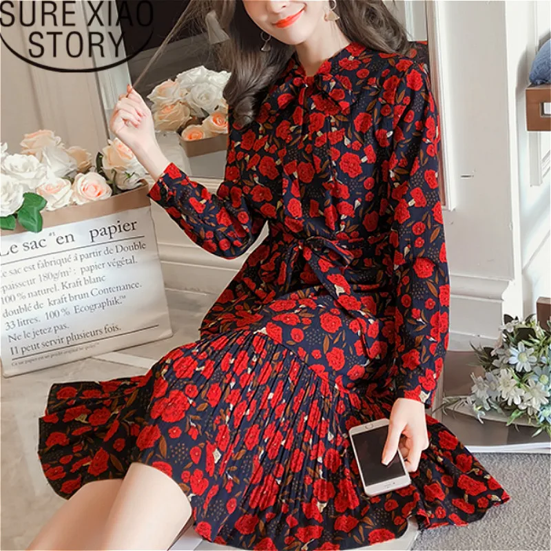 

Summer dress women long sleeve dress Lace-up bow thin and long floral bandage dress Mid-Calf O-Neck 2603 50