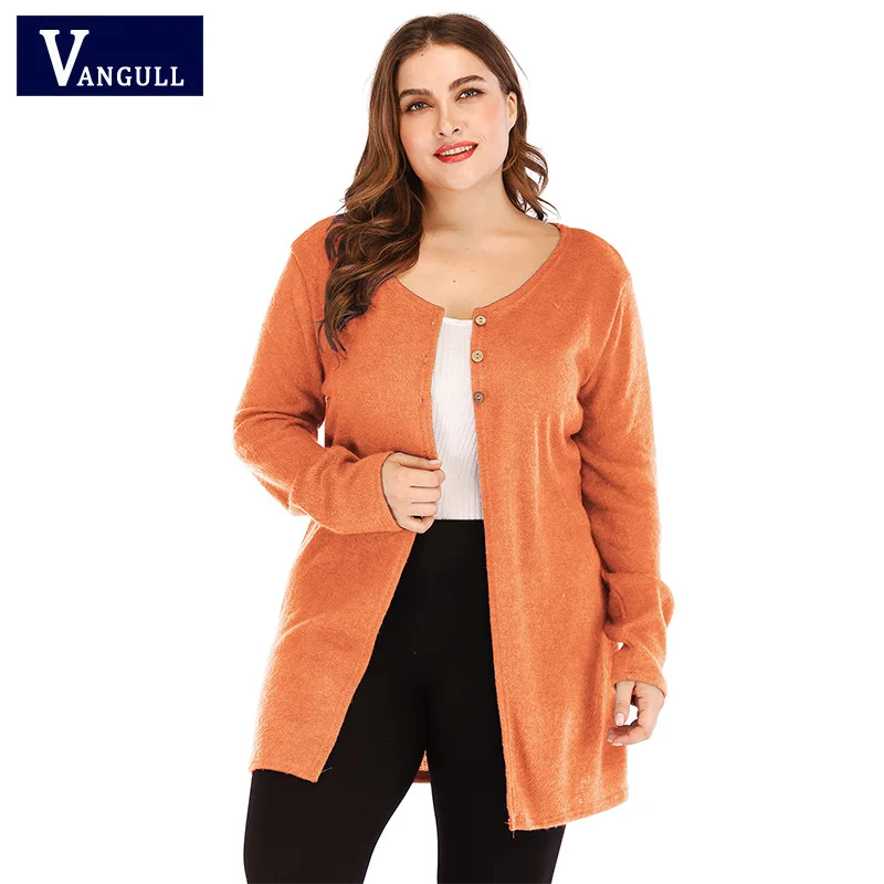 

Vangull Casual Women's Clothing Knitted Female Cardigans Long Sleeve O-Neck Solid Sweaters Single Breasted Long Large Size Tops