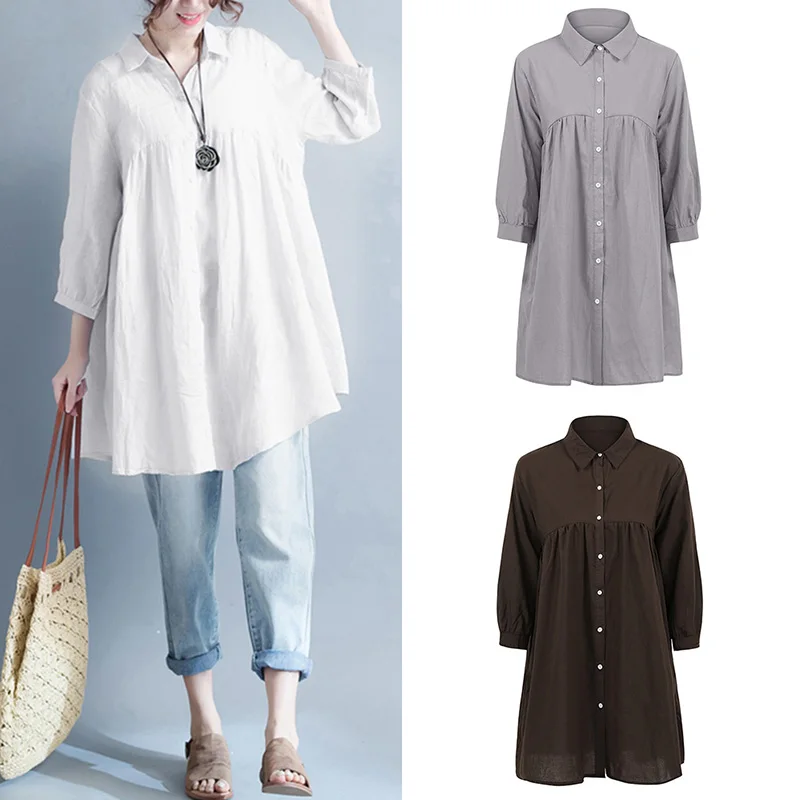 Womens Tops and Blouses Solid Loose Vintage Cotton Linen Shirts female ...