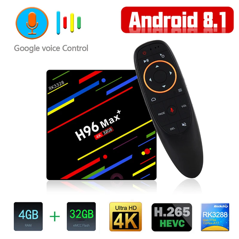 

Android 8.1 TV Box 4GB RAM DDR3 32GB ROM Set Top Box RK3328 Quad core 2.4G Wifi USB 3.0 H.265 4K Smart Media Player H96 MAX plus