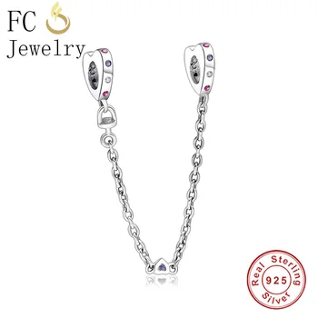 

Fit Pandora Charm Bracelet Genuine 925 Silver Heart Safety Chain Charm Bead with Red Purple Clear Crystal DIY Women New Jewelry