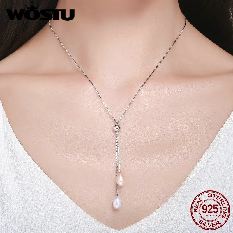 

WOSTU Genuine 925 Sterling Silver Natural Freshwater Pearl Adjustable Pendant Link Necklace Elegant Women Wedding Gift BKN189