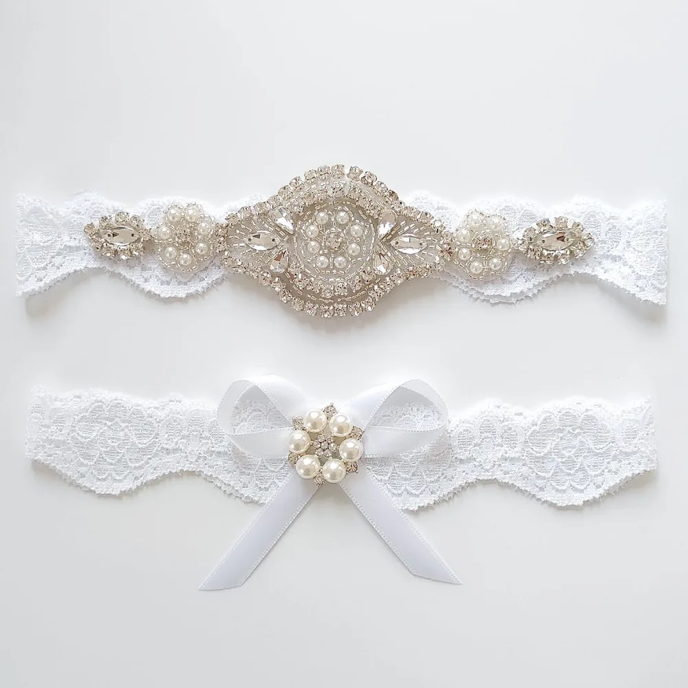 Bridal Wedding Garter Belt Set with Rose Crystal Applique white Lace Strong Stretch Plus Size for Bride Keepsake Gifts