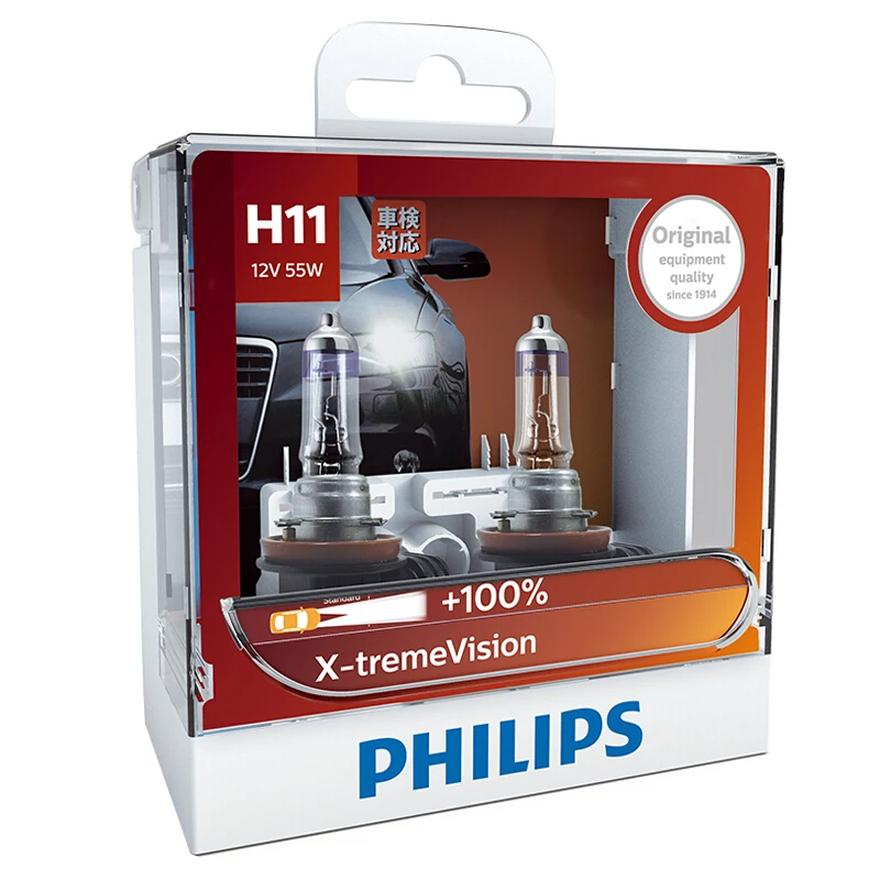 2X Philips H11 12 В 55 Вт X-treme Vision автомобильный головной светильник, лампы более яркие оригинальные галогенные лампы OEM противотуманный светильник 12362XVS2