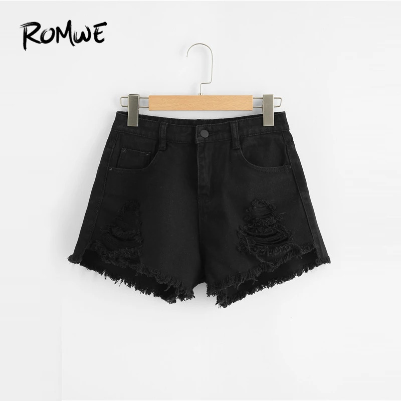 

ROMWE Frayed Edge Ripped Denim Shorts Black Women Pockets Button Fly Fashion Shorts 2019 Glamorous Mid Waist Summer Shorts