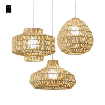 

Hand-Woven Hemp Rope Iron Geometry Shade Pendant Light Fixture Vintage Industrial Art Hanging Lamp Avize Design Dining Room Cafe