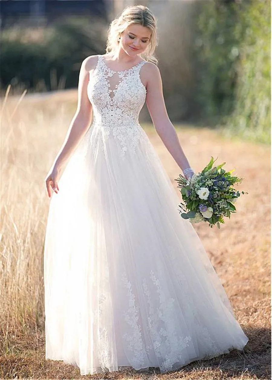 Jual Yang Tulle Leher Sendok A line Pernikahan Gaun dengan Renda Appliques Tujuan Manik manik Sabuk Bridal Gaun Vestidos De Noiva