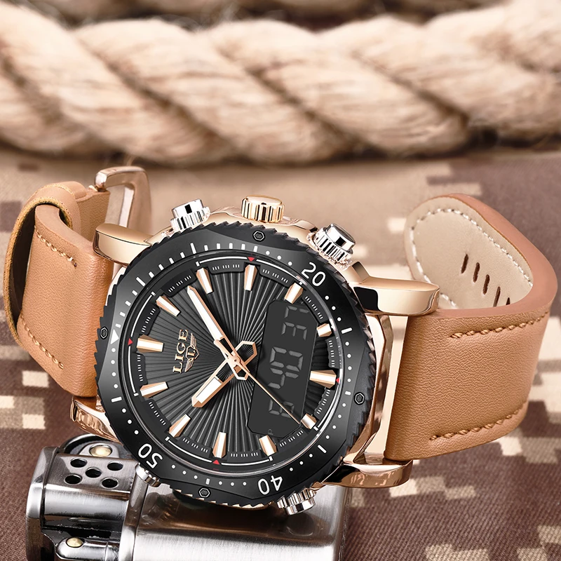 LIGE New Mens Watches Top Brand Luxury Quartz Dual Display Sport Waterproof Waterproof Men Business Leather Clock Montre Homme