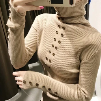 

Jumper Top Acrylic Casual Full 2018 New Women's Sweater Solid Color Button High Collar Knit Core Yarn Womens Sweaters Winter