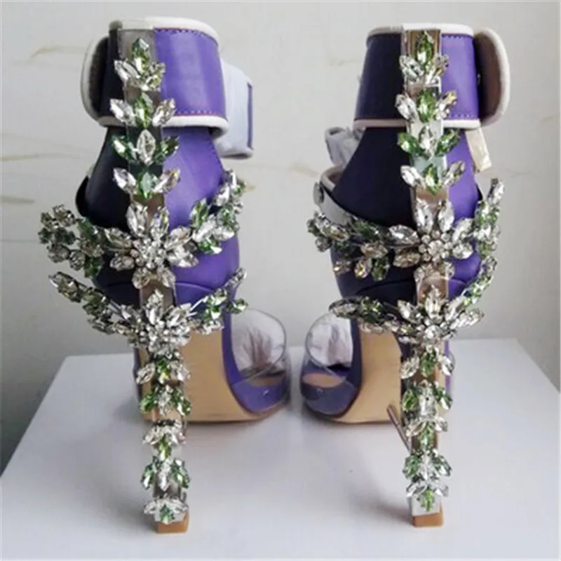 Jady Rose/Дизайнерские женские сандалии-гладиаторы с кристаллами; прозрачная обувь из ПВХ на высоком каблуке; босоножки с ремешком на щиколотке, украшенные висячим замком; женская свадебная обувь - Цвет: Purple With Crystal