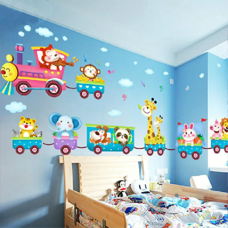 Мультфильм животных поезд детская комната стены стикеры для детей номеров Мальчики номер Adesivo де Parede наклейки на стены