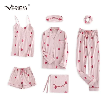 

Verlena 2018 Storage Bag 7 Pieces Set Nightwear Pijama Set Strawberry Print Pink Cute Pure Cotton Summer Pajamas Women Sleepwear