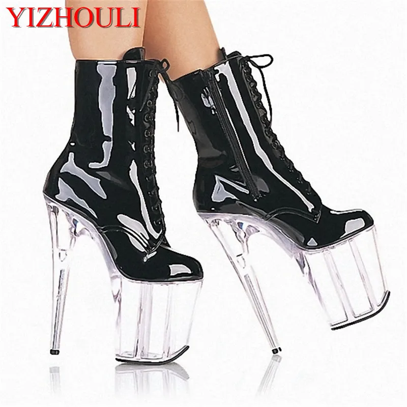 Пикантная женская обувь на очень высоком каблуке 20 см. Ботильоны на шнуровке с боковой молнией прозрачные модельные ботинки для танцев на шесте