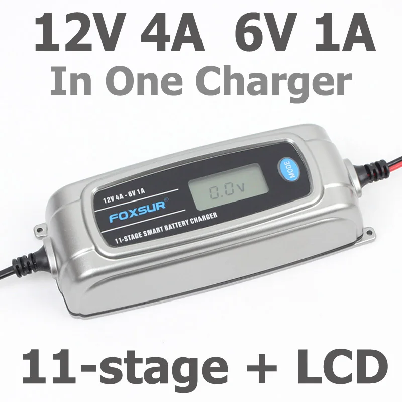 FOXSUR 12 V 4A 6 V 1A 11-сценический умный Батарея Зарядное устройство, 6 V 12 V гель AGM влажный автомобильный Батарея Зарядное устройство с ЖК-дисплей ди...